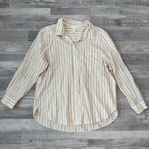 H+M beige + white stripe linen blend long sleeve button down size large A13